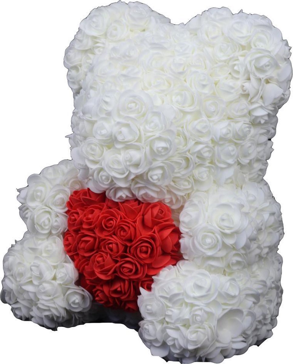 Rozen beer wit met rood hart 25 cm | Liefde / ik hou van jou / I love you | Valentijn | Kerstpakket | Vaderdag | Moederdag | Valentijnsdag / Valentijns cadeau | Teddybeer / Bear / Love beer / Beren knuffel / Pluche liefdes beer roos  | 25 cm